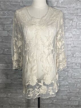 Fairy festival boho sheer mesh Cream embroidered Floral Blouse size medium